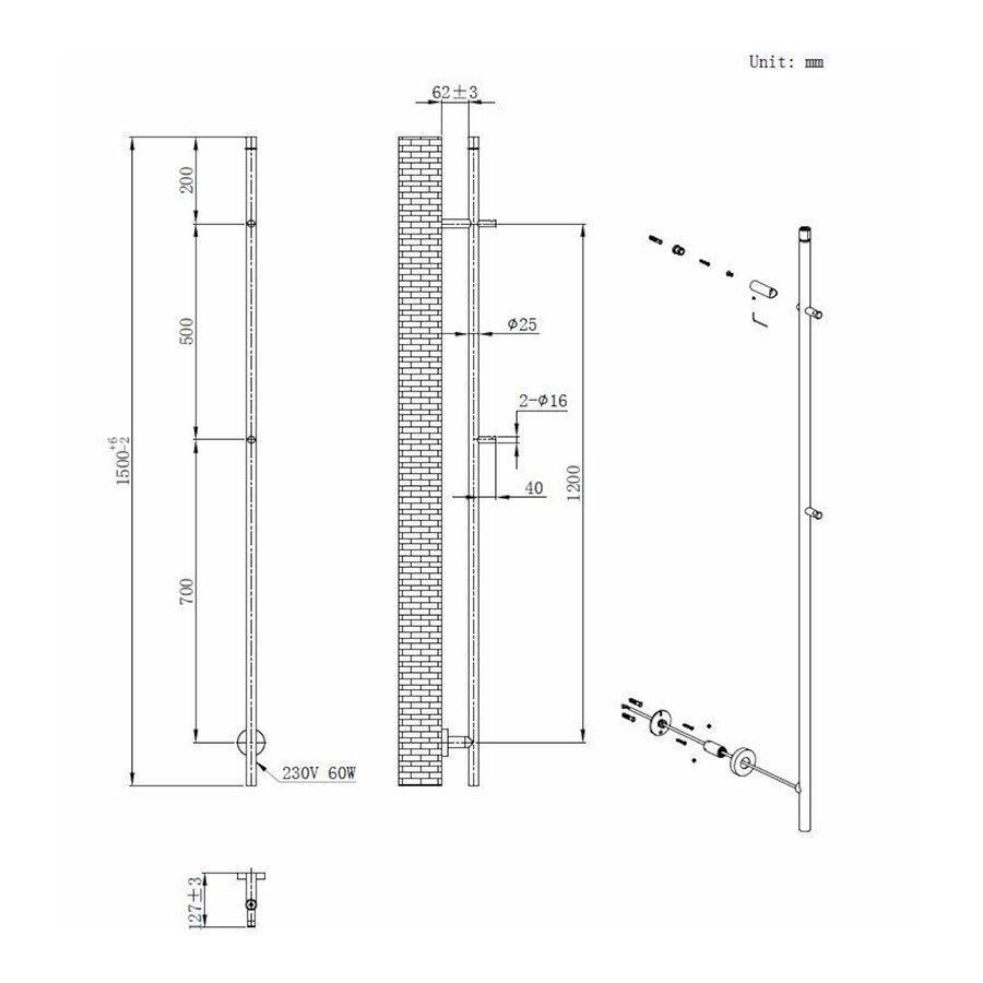 Elektrische Staafhanddoekradiator BWS Cyrus 60 Watt 150 cm Mat Zwart