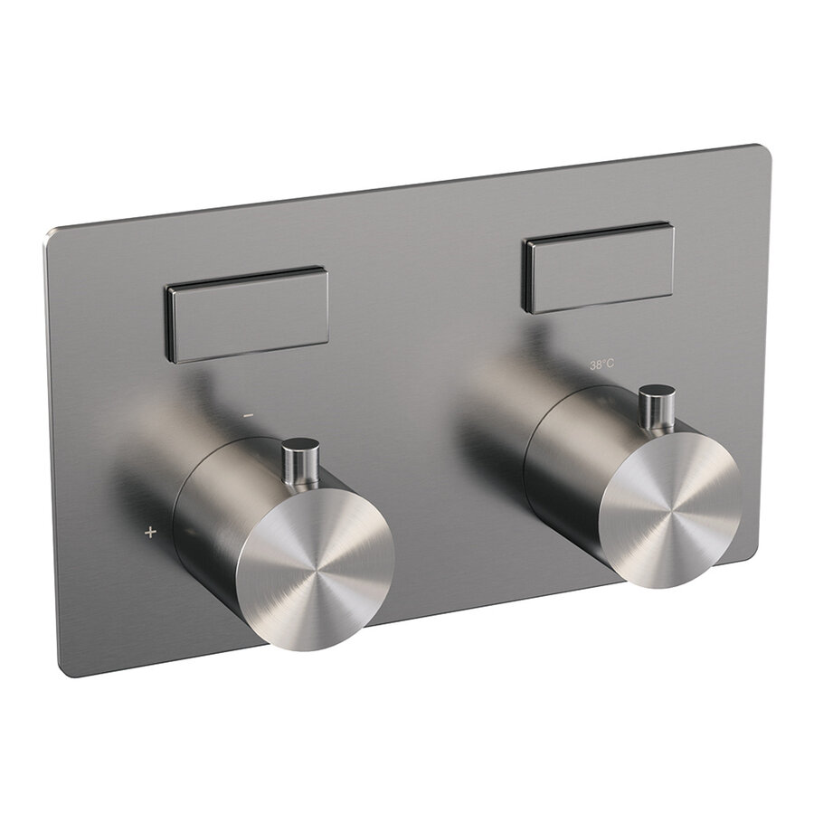 BRAUER Brushed Edition thermostatische inbouw badkraan met drukknoppen SET 04 met badvulcombinatie en 3-standen handdouche en doucheslang en wandaansluitbocht RVS geborsteld PVD