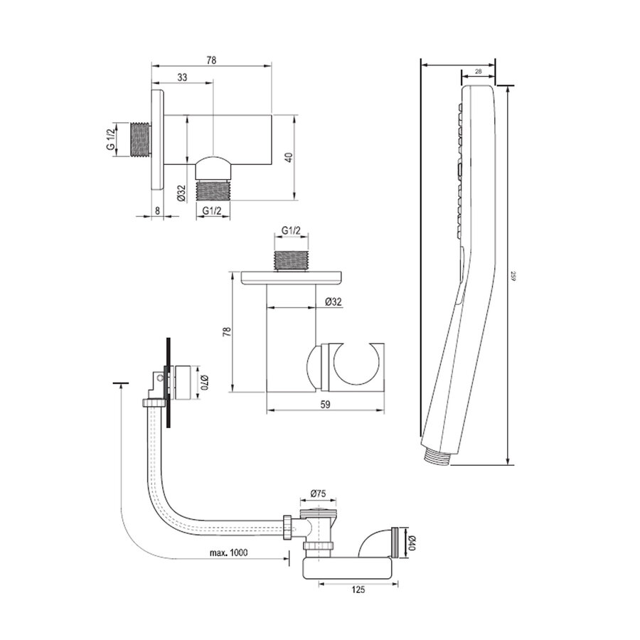 BRAUER Brushed Edition thermostatische inbouw badkraan met drukknoppen SET 04 met badvulcombinatie en 3-standen handdouche en doucheslang en wandaansluitbocht RVS geborsteld PVD