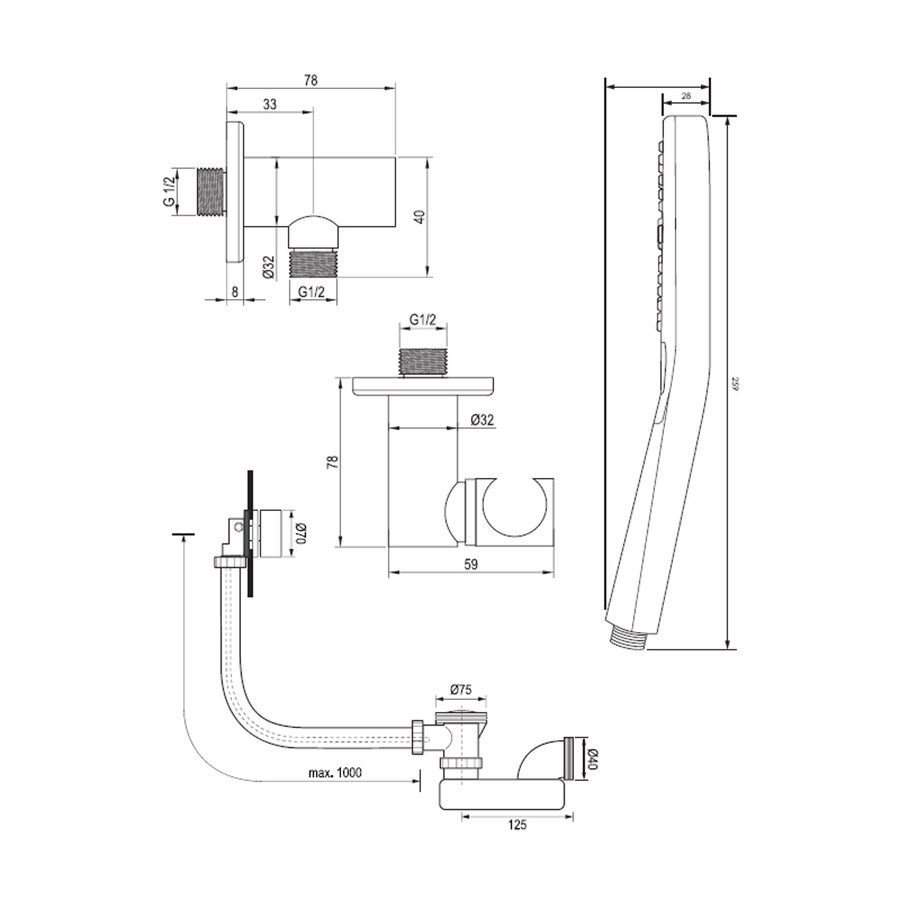 Thermostatische Inbouw Badkraan Brauer Brushed Carving Met Drukknoppen SET 04 Met Badvulcombinatie En 3-Standen Handdouche En Doucheslang En Wandaansluitbocht RVS Geborsteld PVD