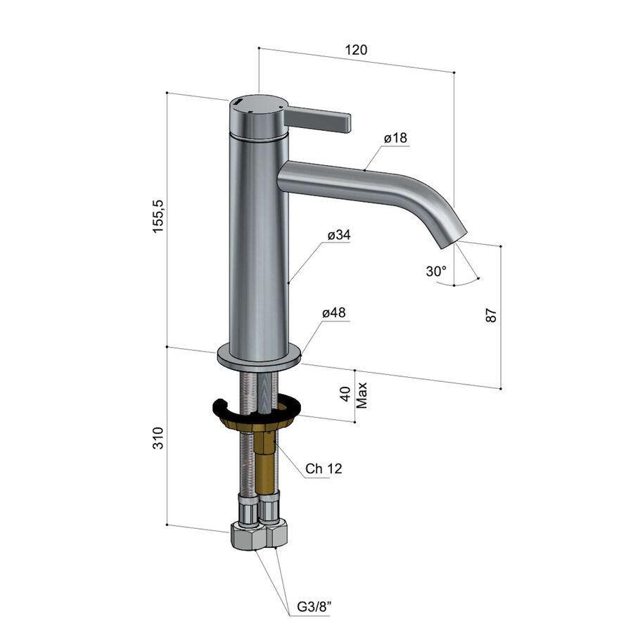 Wastafelmengkraan Hotbath Ace 1-Hendel Gebogen 15.5 cm Geborsteld Koper PVD