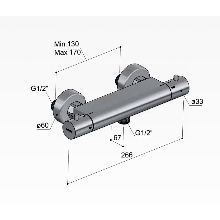 Thermostatische Douchemengkraan Hotbath Ace Met 1/2 Doucheslang Onder aansluiting 26.6 Cm Geborsteld Koper PVD