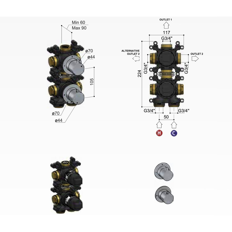 Inbouw Thermostaat - Afbouwdeel Hotbath Ace Met 2-Weg Stop-Omstel Chroom