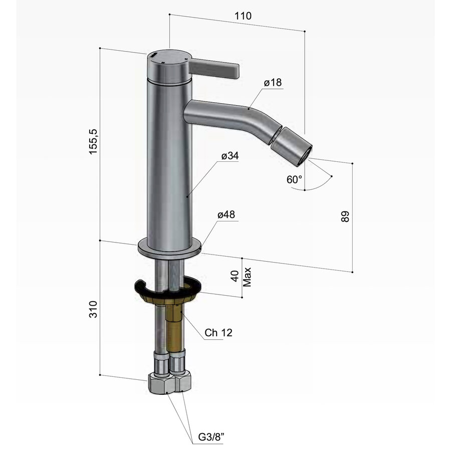 Bidetmengkraan Hotbath Ace 15.5 Cm Geborsteld Nikkel