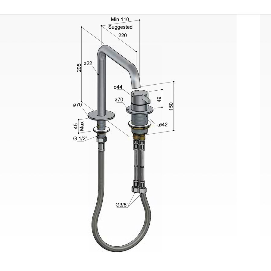 Wastafel Mengkraan Hotbath ace 2-gats Met draaibare uitloop 20 cm Geborsteld Messing PVD
