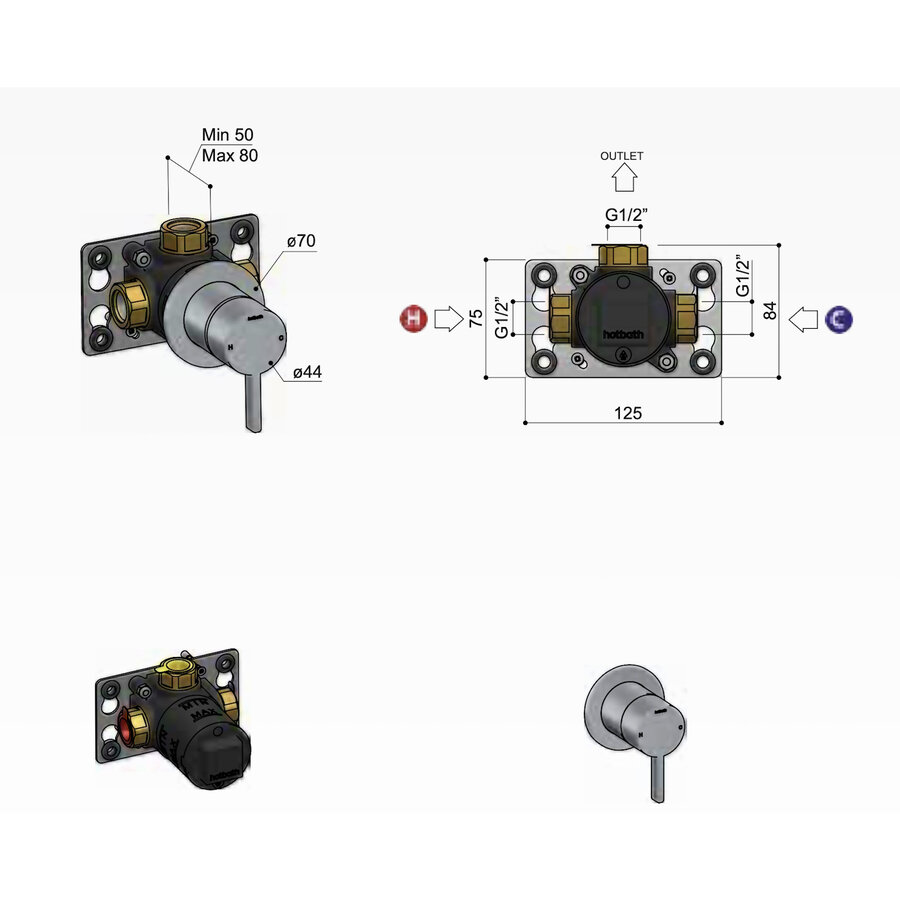 Afbouwdeel - Inbouw Douchemengkraan Hotbath Ace Geborsteld Zwart PVD
