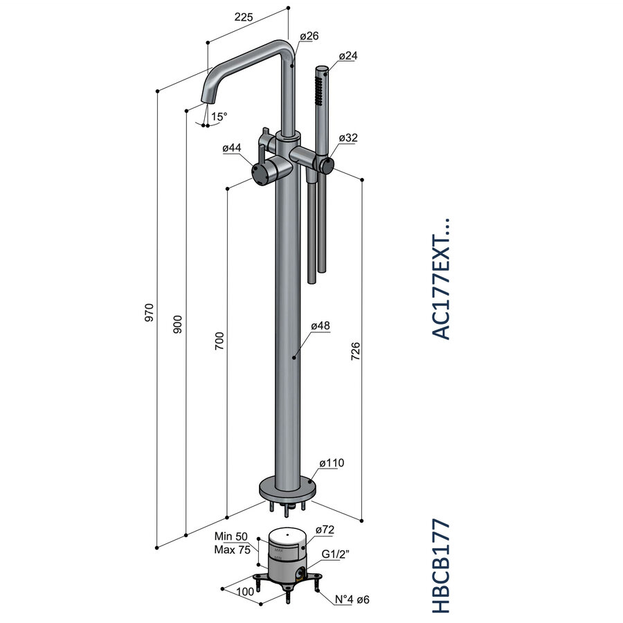 Afbouwdeel Vrijstaande Badmengkraan Hotbath Ace Geborsteld Nikkel