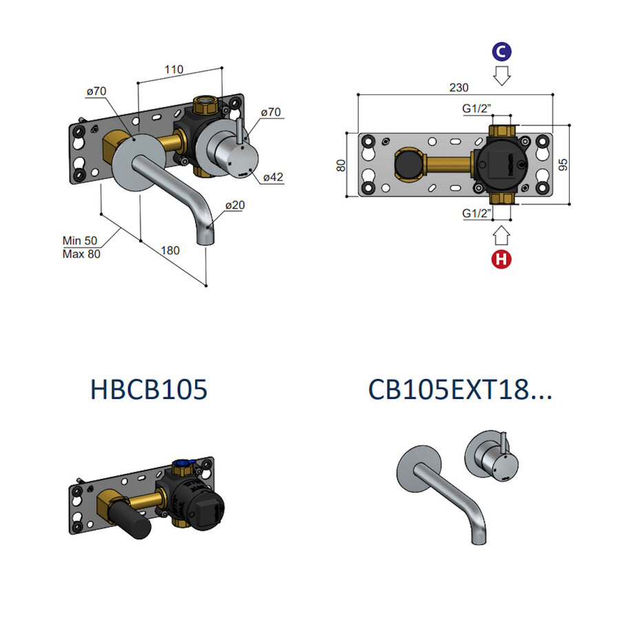 Inbouw Wastafelkraan Met Achterplaat Hotbath Cobber 18cm Gebogen Uitloop 1-Hendel Geborsteld Messing PVD