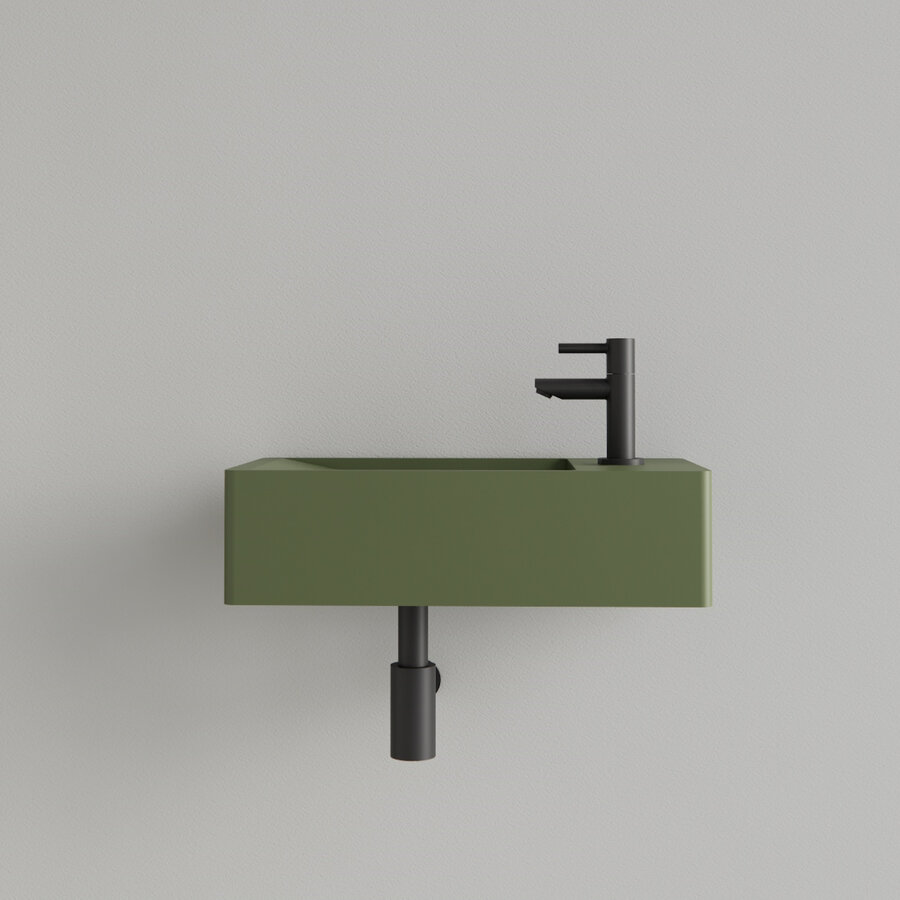 Fontein Gliss Design Freya Solid Marble 40x22x10 cm Met Kraangat Rechts Mat Olijf Groen