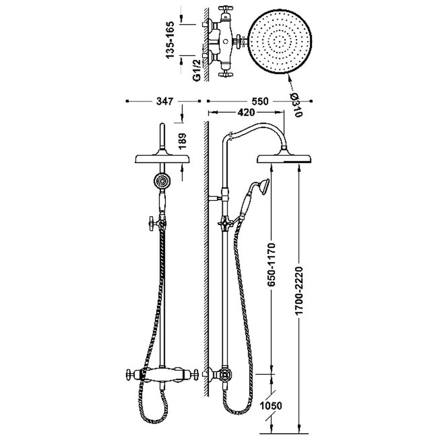 Regendoucheset Tres Clasic Thermostatische Opbouw Incl. Handdouche Verouderd Messing Mat