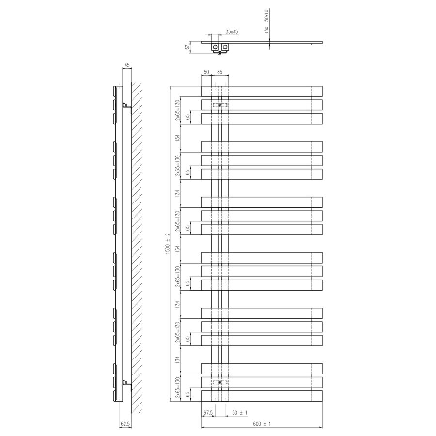 Designradiator Sapho Silvana Recht 60x150 cm 771W Wit