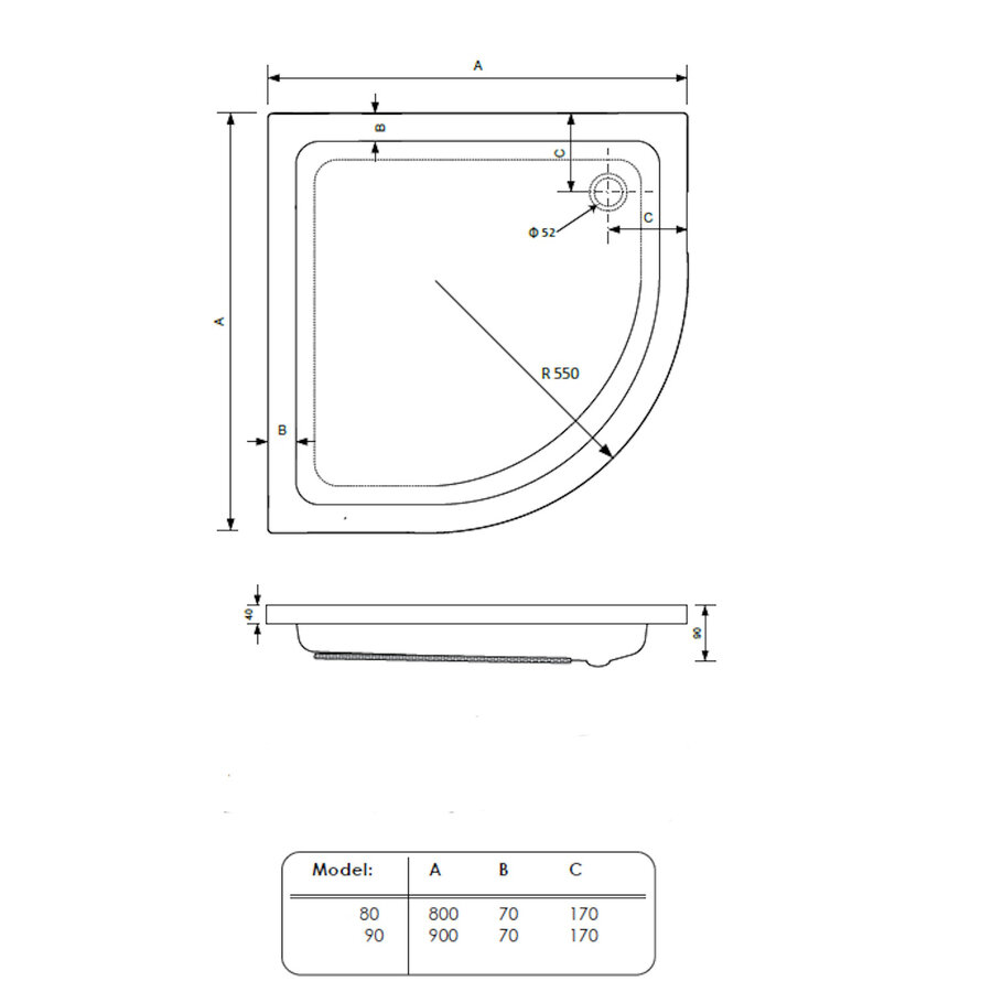 Douchebak BWS Saro Kwartrond Acryl 80x80cm Wit