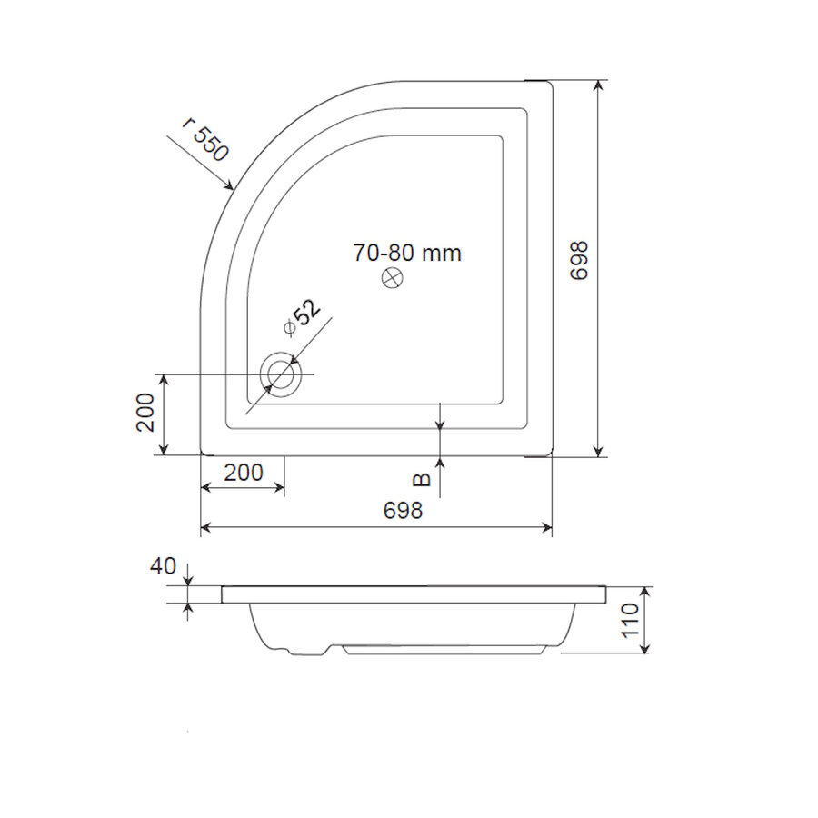 Douchebak BWS Saro Kwartrond Acryl 70x70cm Wit