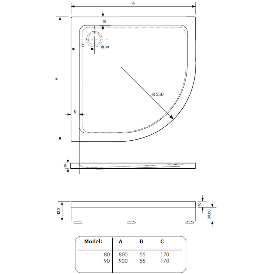 Douchebak BWS Ailah Kwartrond Acryl 80x80cm Zelfdragend Inclusief Plint Wit