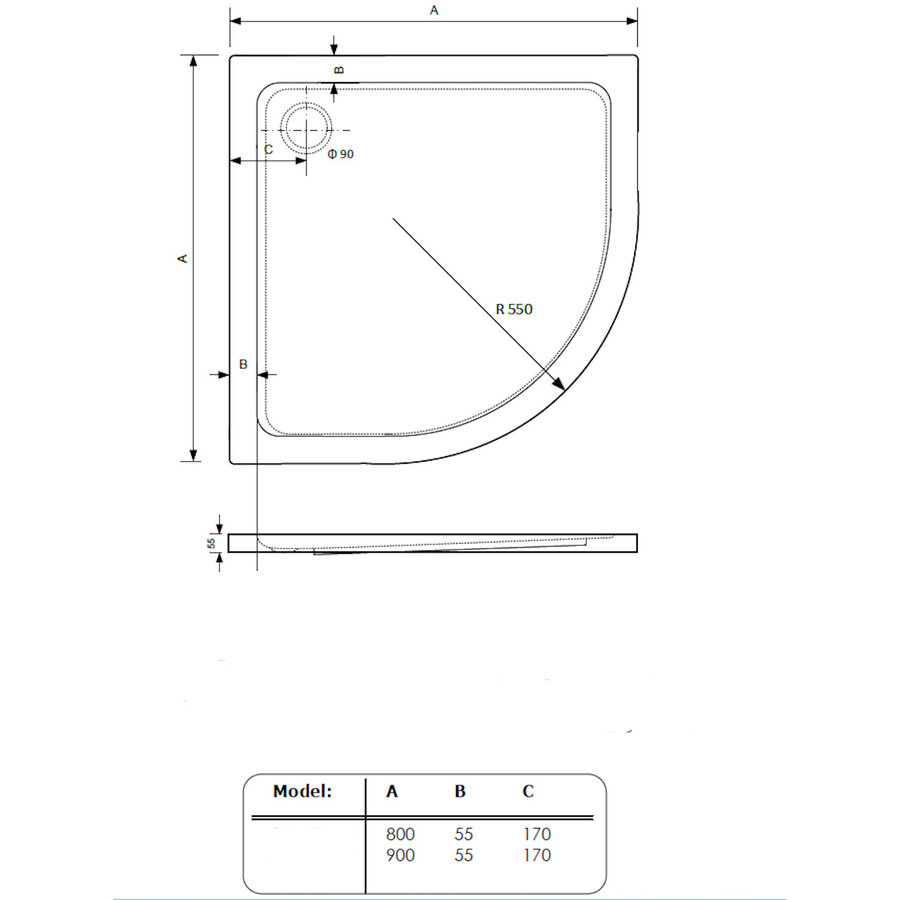 Douchebak BWS Ailah Kwartrond Acryl 80x80cm Zelfdragend Wit