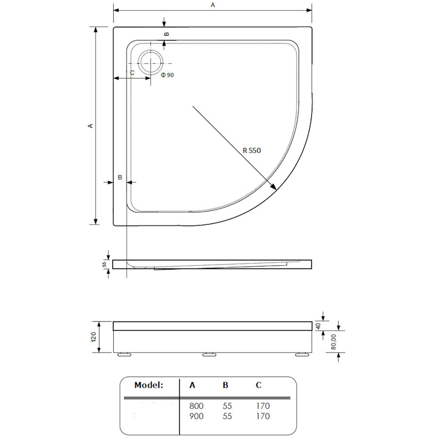 Douchebak BWS Ailah Kwartrond Acryl 90x90cm Zelfdragend Inclusief Plint Wit