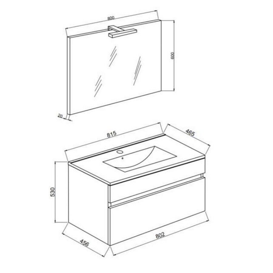 Badkamermeubelset Van Marcke RIVA Compleet Set 80CM Rook Eik Met Spiegel