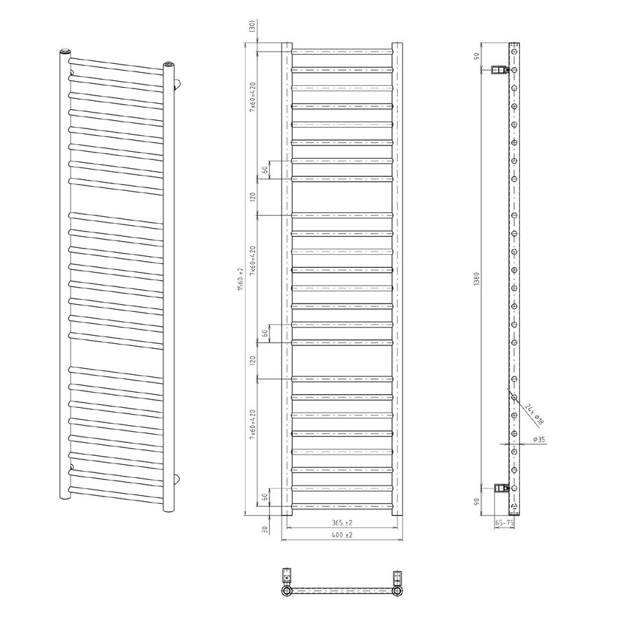 Handdoekradiator Sapho Dina Recht 40x156 cm Mat Zwart