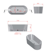 Vrijstaand ligbad BWS ovaal Solid Surface 170x70x85 cm Mat Wit