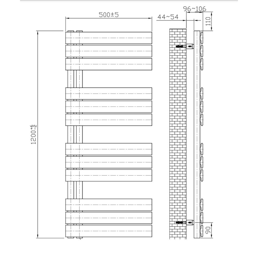 Elektrische Handdoekradiator BWS Russ Links aansluiting 593W 120x50 cm Wit
