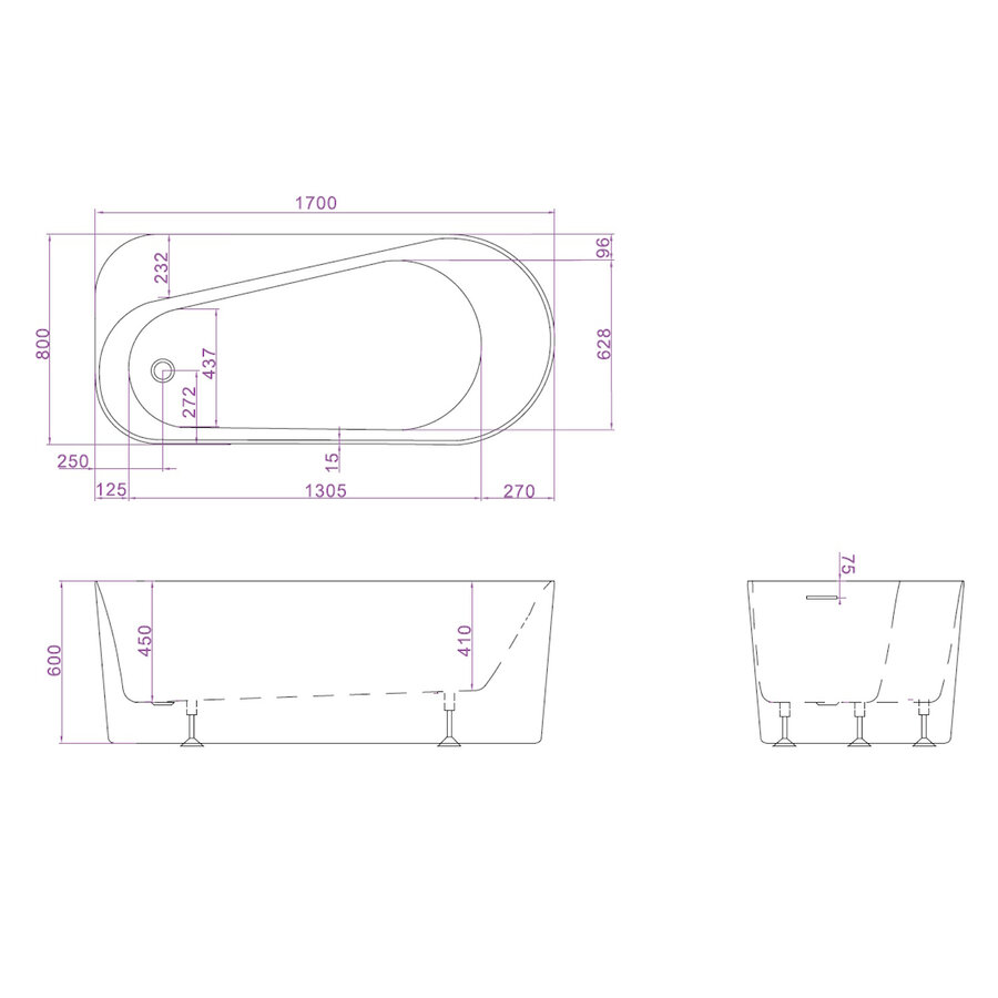 Ligbad Ideavit Viva Vrijstaand Arcryl 170x80x60cm Mat Wit