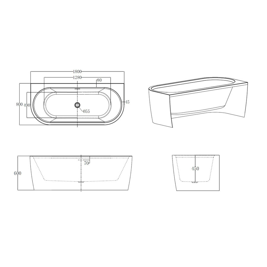 Half Vrijstaand Ligbad Best Design Bareiss 180x80x60 cm Acryl Mat Wit