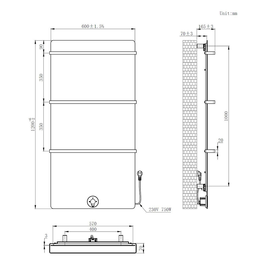 Elektrische Radiator Best Design Brenner Concrete 120x60cm 750W Beton Grijs