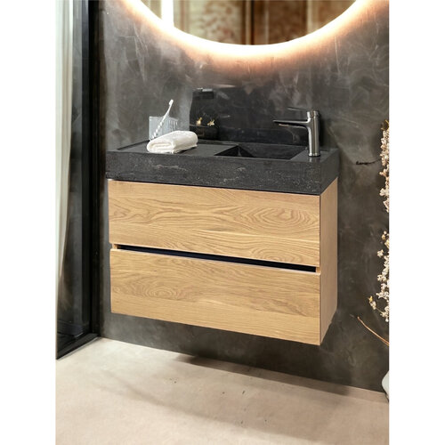 Badmeubel Casajoy Bold Onderkast 80 cm Eiken Met Wastafel Van Natuursteen 2 Lades 