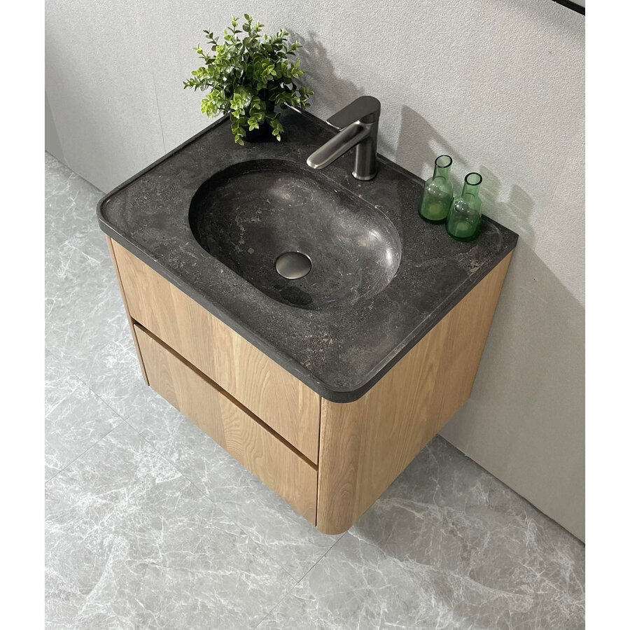 Badmeubel Casajoy Bold Natuurstenen Wastafel Met Onderkast 60 cm 2 Lades Eiken