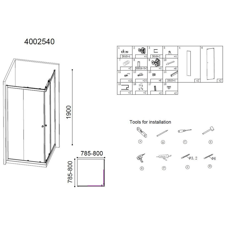 Douche Hoekinstap Best Design Project 80x80x190cm Glas 5mm Aluminium Profiel