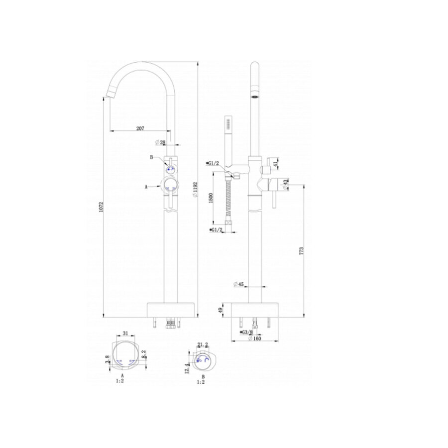 Best-Design "White" Vrijstaande Badkraan Hoogte 119 cm Mat Wit