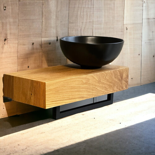 Fonteinplank Casajoy Bold 50x25x10 cm Eiken Met Waskom 28 cm Rond Keramiek Zwart 