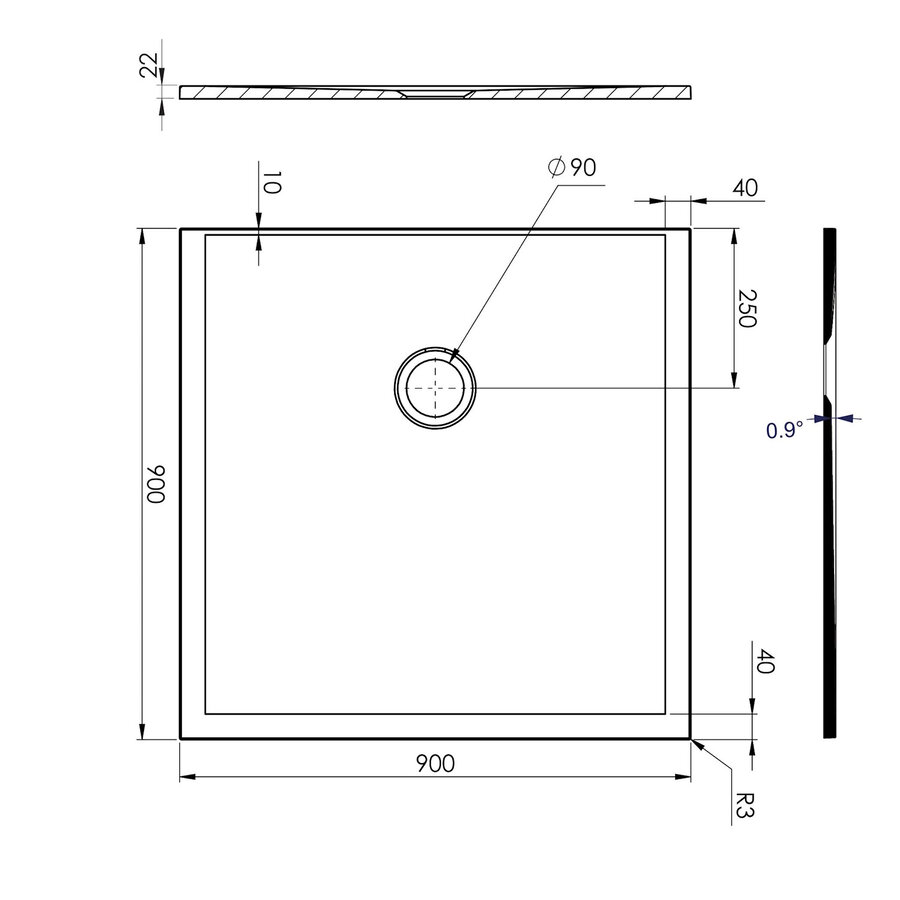 Douchebak Allibert Karbon Mat Zwart 90 cm Vierkant