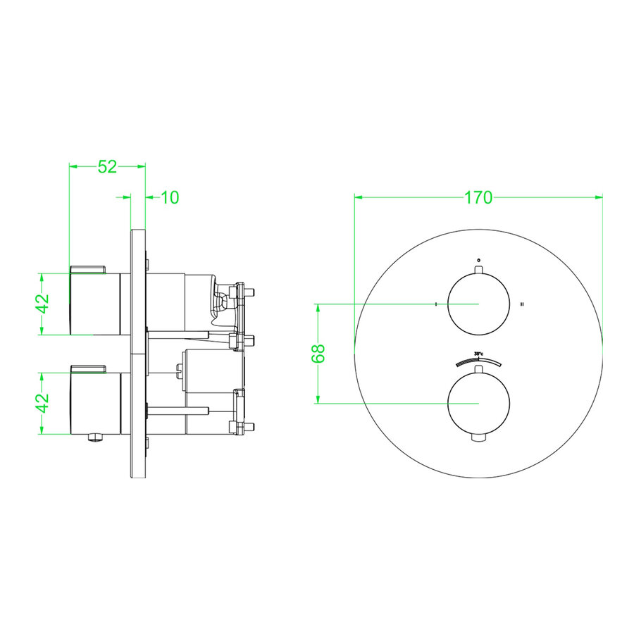 Afbouwdeel IVY Pact Inbouwthermostaat Symmetry 2-Weg Stop-Omstel Met Rond Rozet Geborsteld Mat Goud PVD