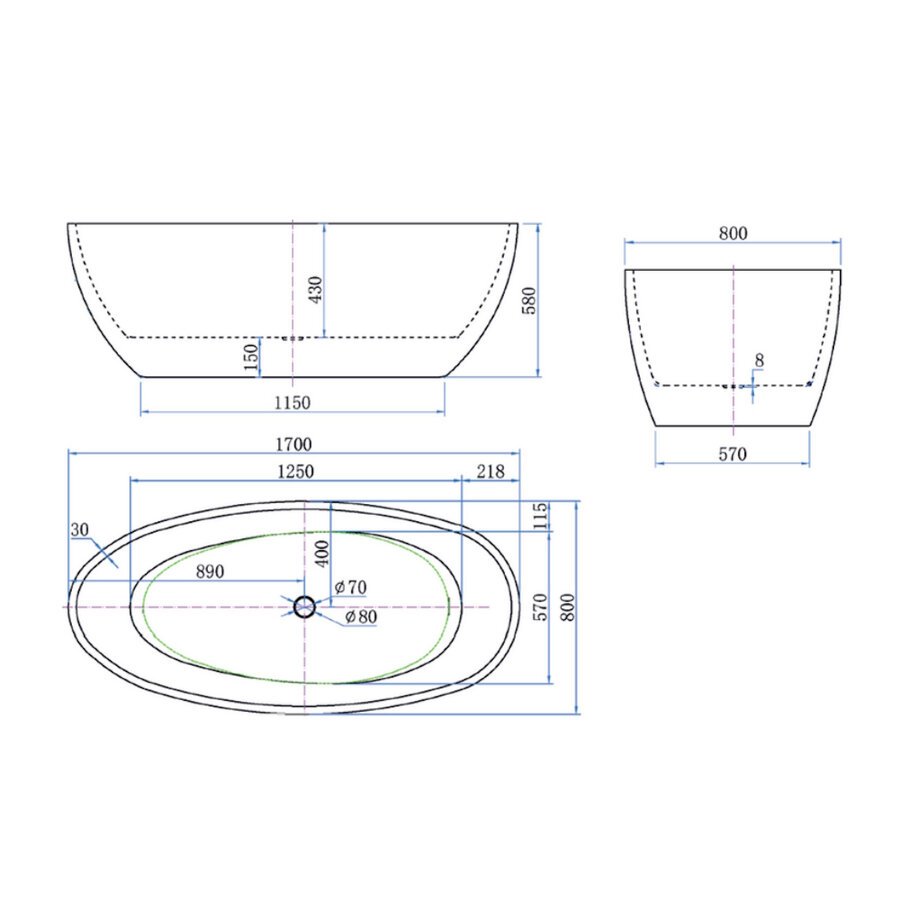 Vrijstaand Bad Luca Sanitair Primo Acryl 170x80x58 cm Incl. Afvoerset Mat Wit