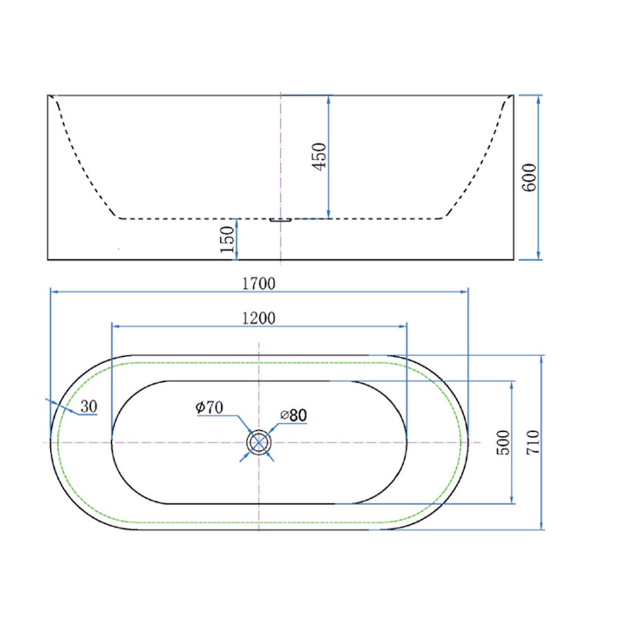 Vrijstaand Bad Luca Sanitair Primo Acryl 170x71x60 cm Incl. Afvoerset Mat Wit