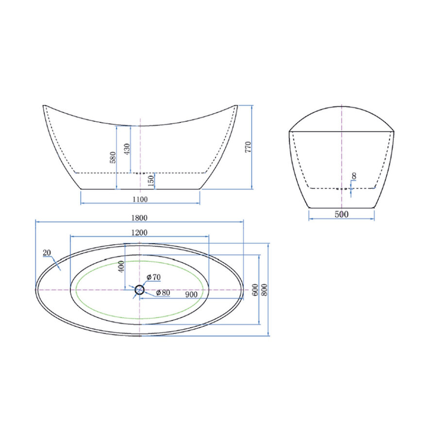 Vrijstaand Bad Luca Sanitair Primo Acryl 180x80x77 cm Incl. Afvoerset Glans Wit