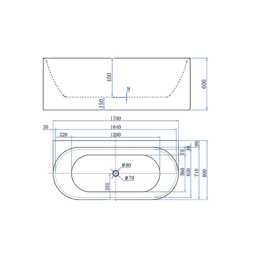 Back To Wall Bad Luca Sanitair Primo Acryl 170x80x60 cm Incl. Afvoerset Glans Wit