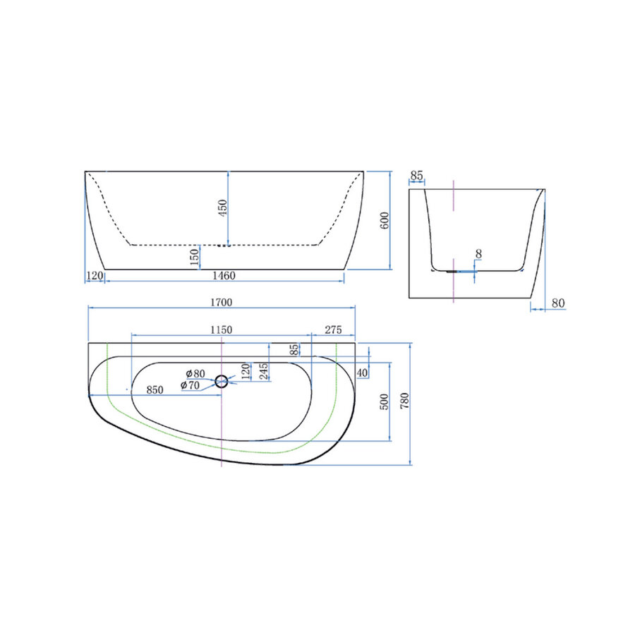 Back To Wall Bad Luca Sanitair Primo Acryl 170x78x60 cm Incl. Afvoerset Mat Wit