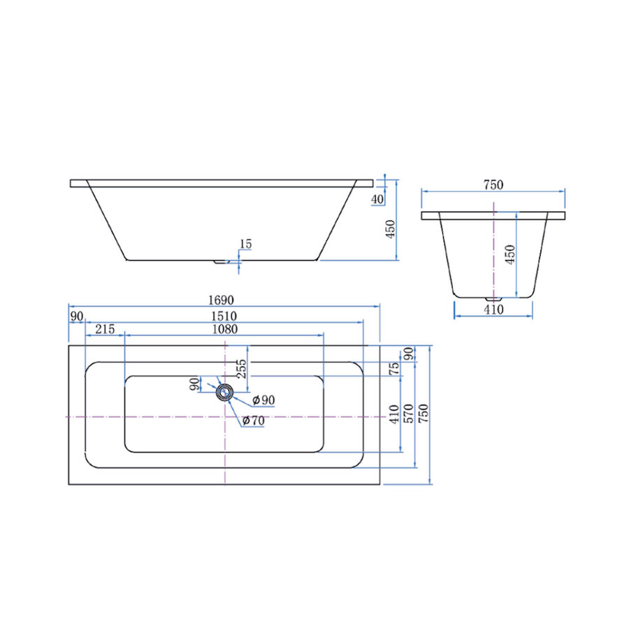 Inbouw Bad Luca Sanitair Primo Acryl 169x74x45 cm Zonder Afvoerset incl. Stelpoten Glans Wit