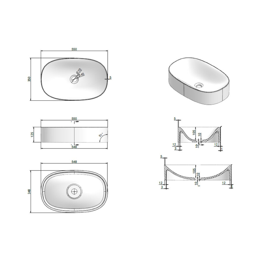 Waskom Luca Sanitair Tate 55x35x12,5 cm Solid Surface Mat Wit