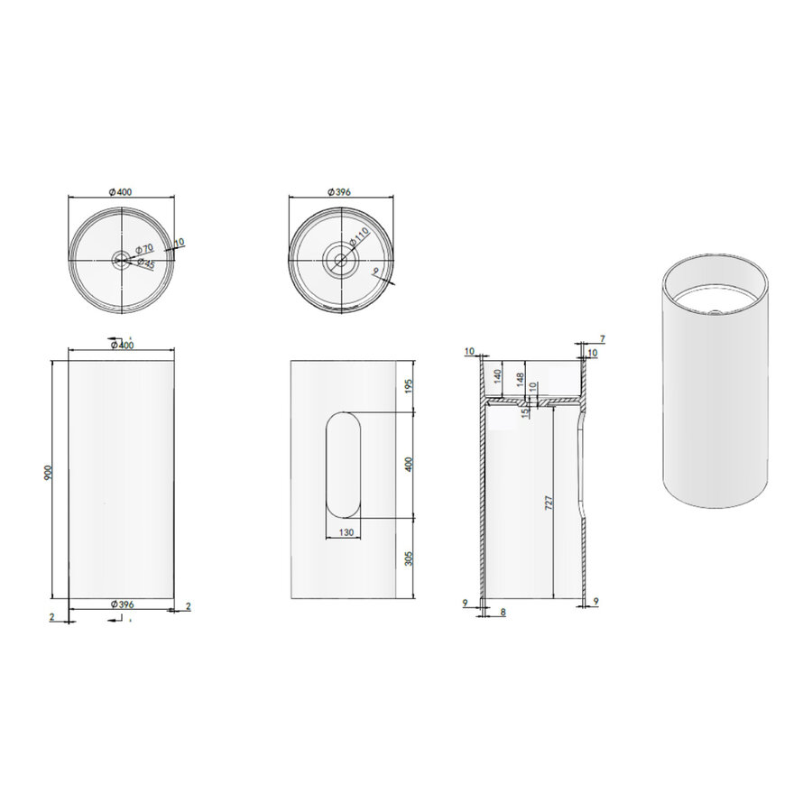 Wastafel Staand Luca Sanitair Vado Rond 40x40x90 cm Solid Surface Mat Wit