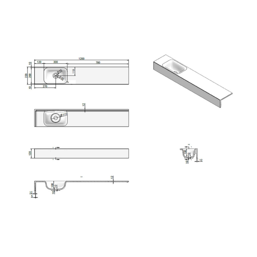 Fontein Luca Sanitair Lea 120x22x12 cm Solid Surface Links Zonder Kraangat Mat Wit