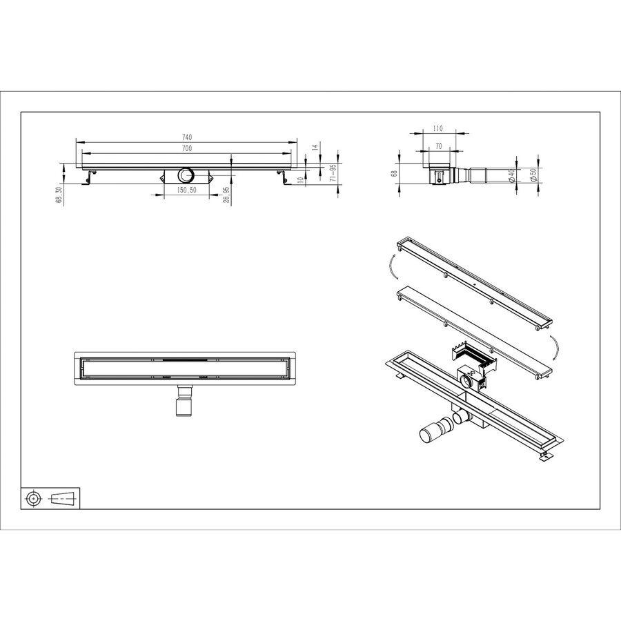 Douchegoot met Tegelrooster en Flens BWS Roos 70x7 Cm Geborsteld Messing