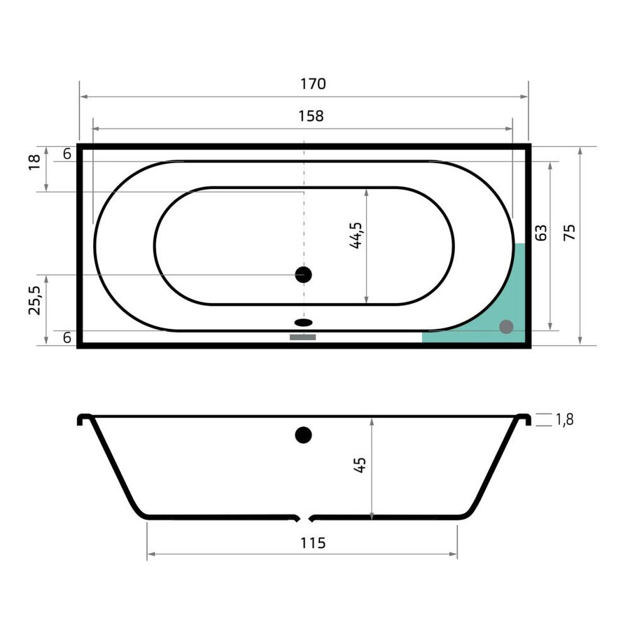Ligbad Beterbad Xenz Madeira 170x75 cm Inclusief Badpoten Wit
