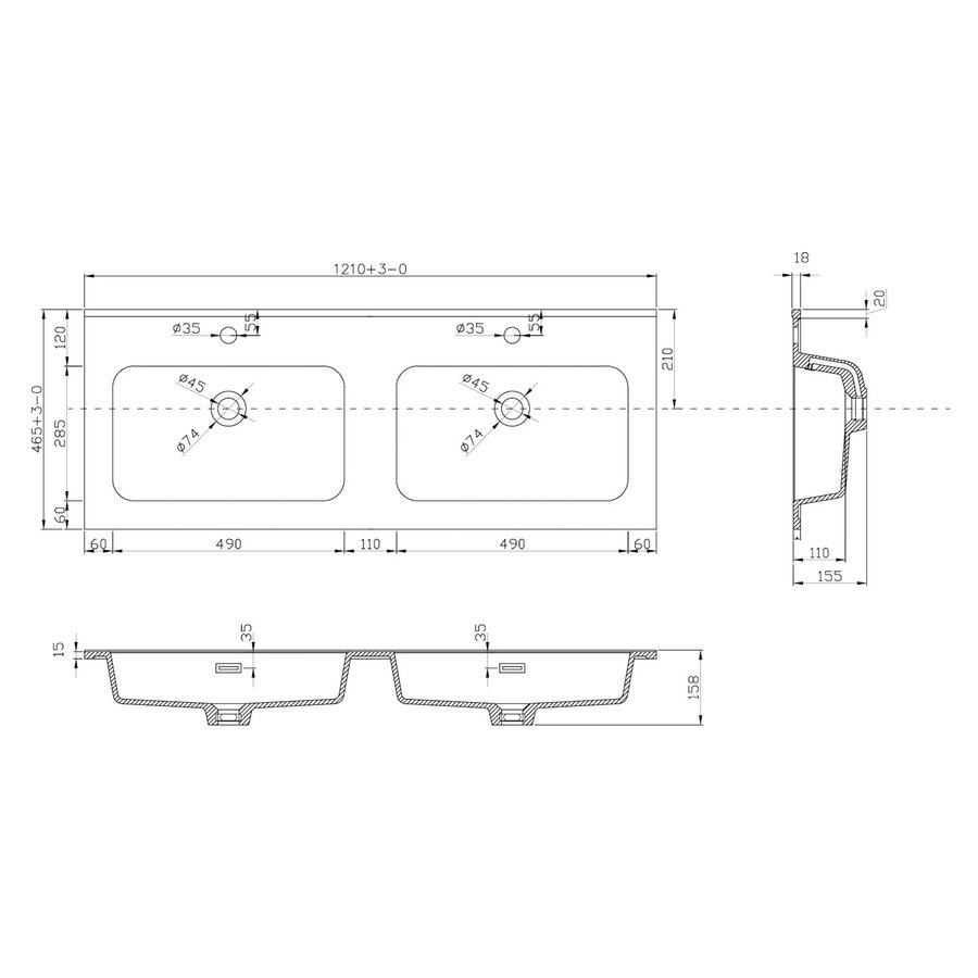 Wastafel BWS Bella 120 cm Mat Zwart