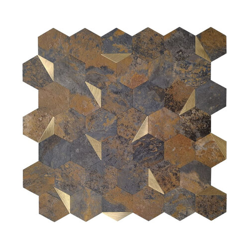 Mozaïek Isodeco Steenstrip Hexagon Zelfklevend 28.0x29.0 cm Roest Goud (Prijs Per Stuk) 