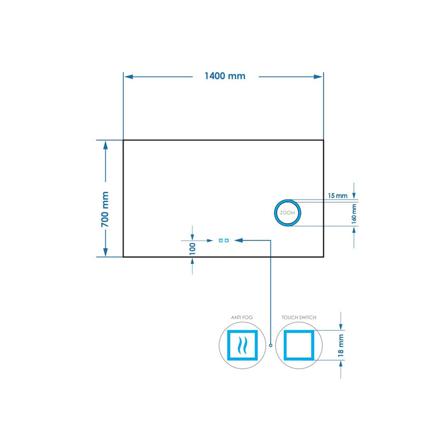 Spiegel BWS GlintEdge Rechthoekig 140 x 70 cm Incl. Spiegelverwarming, Scheerspiegel en Indirect LED-verlichting Rondom