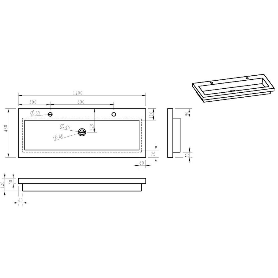 Wastafel Aquasplash Stone 120x46 cm met 2 Kraangaten Hardsteen Zwart