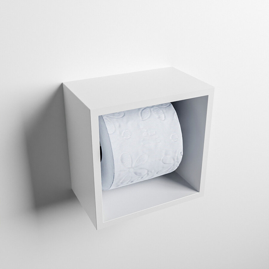MONDIAZ Easy Toiletrolhouder CUBE 160 solid surface  16x16cm kleur Talc. Geschikt voor op en inbouw.